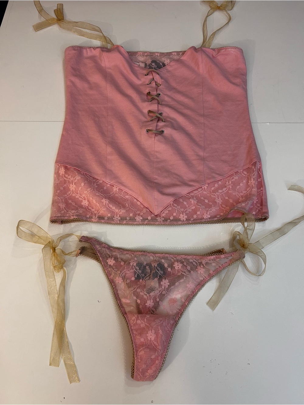 Morbid Threads Pink Lace Camisole & Tie-Side Thong Set